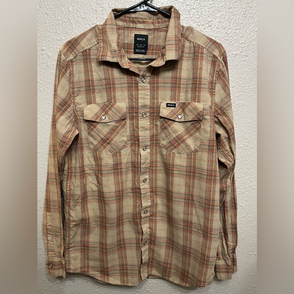 RVCA Mens Plaid Tan Button Down Long Sleeve Shirt Size Medium